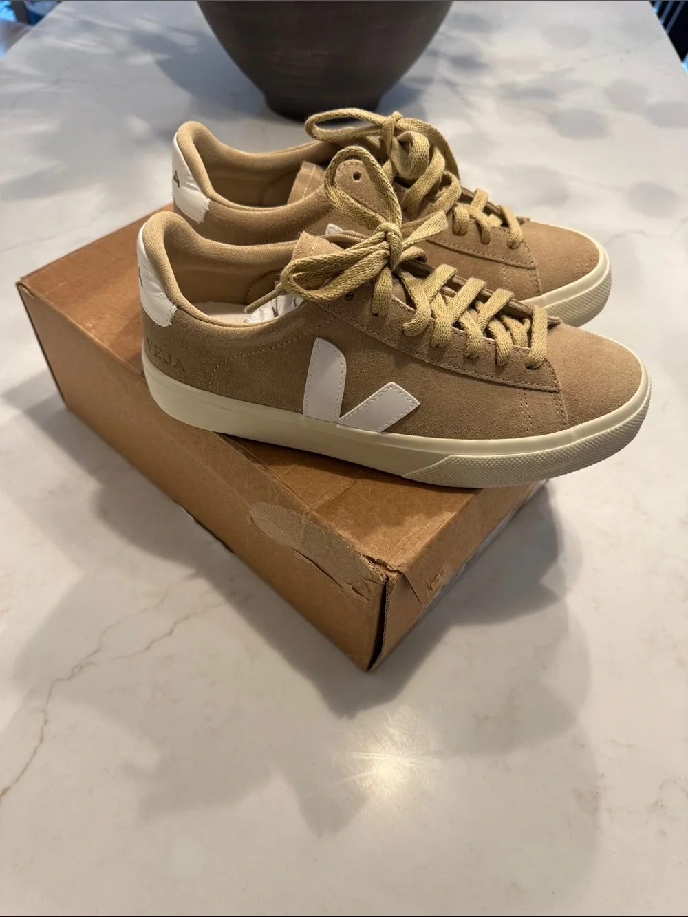Veja Women's Suede Sneakers in Tan and White